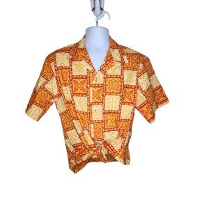 Vintage Hawaiian Short Sleeve Cropped Tie Waist Shirt Womens S Orange